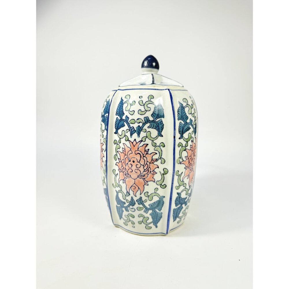 Ginger Temple Jar Lidded Vintage Chinoiserie Blue White Pink Rose pattern Home S - Picture 2 of 16